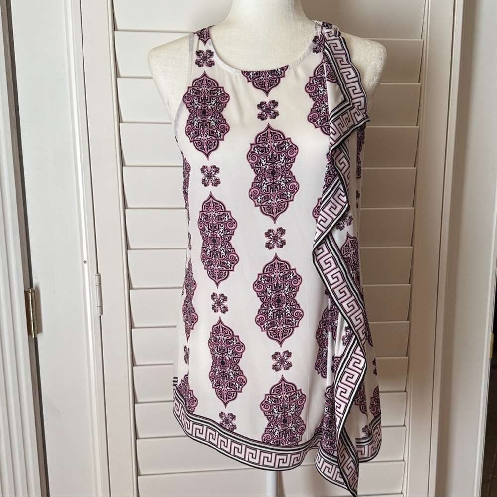 WHITE HOUSE BLACK MARKET SLEEVELESS ASYMMETRICAL MEDALLION PRINT WOMEN TOP SZ XS